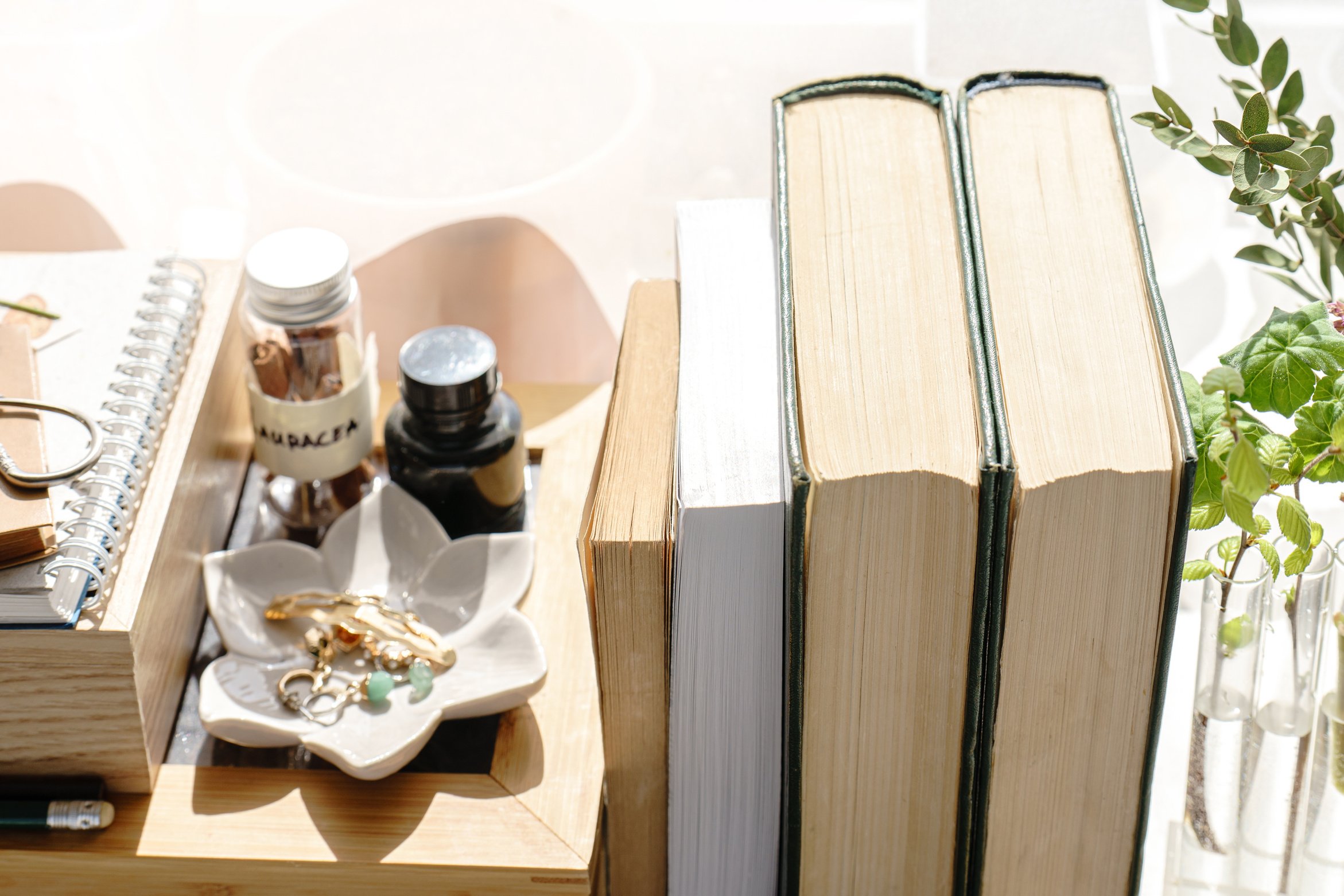 Book aesthetic sunlit desk with vintage items, maximalist home, cottagecore